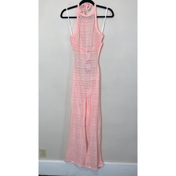 Yitty Lizzo Knit Slip Flare Leg Pink Blush Crochet Festival Jumpsuit Size XL - Picture 3 of 6